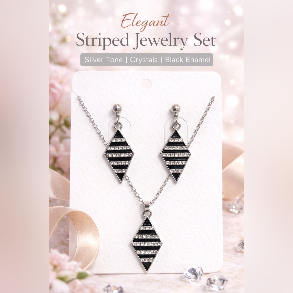 Elegant Silver-Tone Black Enamel Striped Jewelry Set